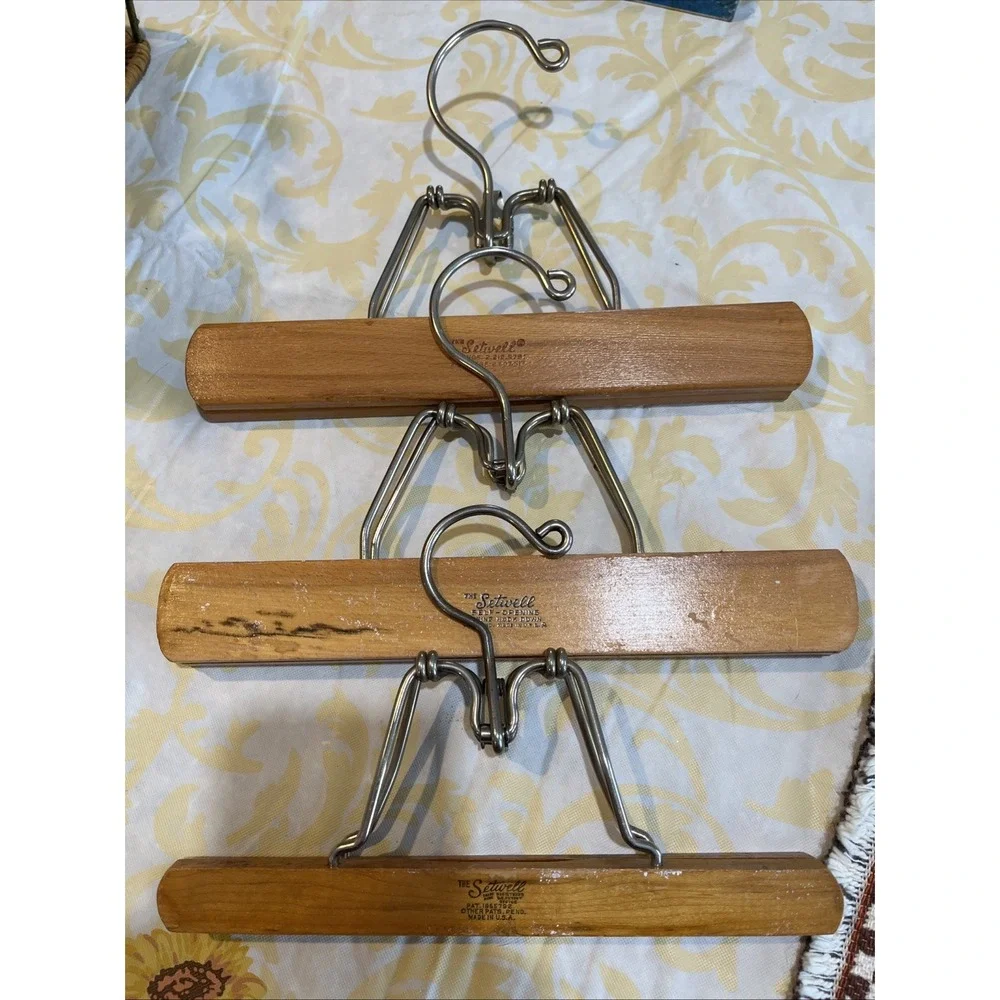 Vintage LOT of 3 SETWELL Wood Clamp Type Hangers for Pants Skirt Wooden